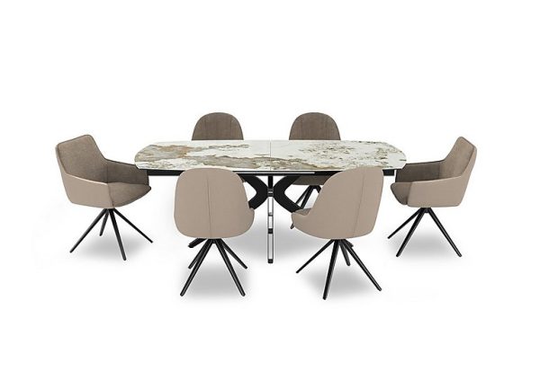 Jose Large Calcatta Marble Pop up Extending Dining Table with 4 Pebble Swivel Chairs and 2 Pebble Swivel Dining Arm Chairs