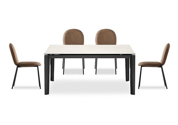 Connubia   Rosa 160cm Medium Extending Dining Table with Salt White Ceramic Top and Black Metal Legs and 4 Riley Chairs   Tobacco