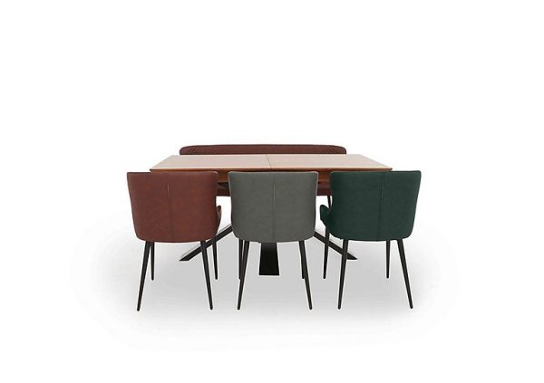 Hanoi Extending Dining Table with Metal Base and 3 Faux Leather Chairs and a Bench   Tan  Green  Grey