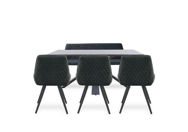 Saigon Fixed Table with Metal Base and 3 Green Velvet Dining Chairs and a Green Velvet Dining Bench