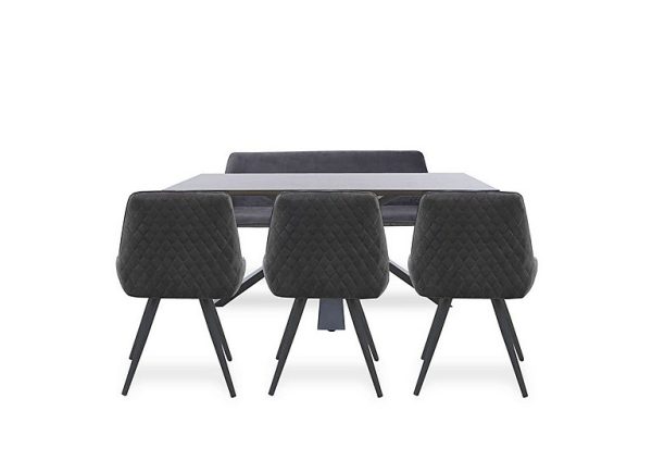 Saigon Fixed Table with Metal Base and 3 Velvet Dining Chairs and a Velvet Dining Bench