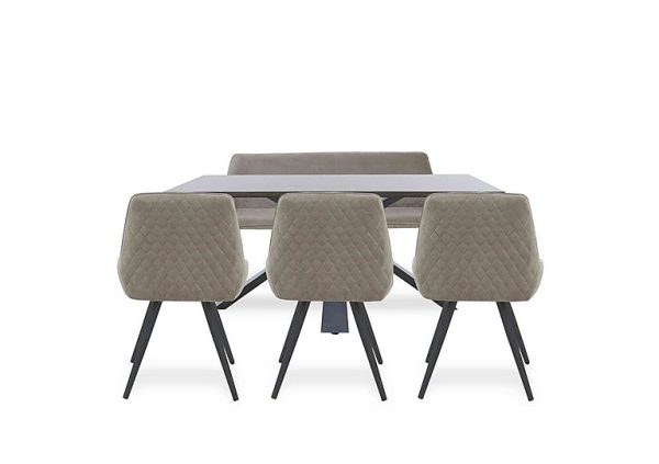 Saigon Fixed Table with Metal Base and 3 Taupe Velvet Dining Chairs and a Taupe Velvet Dining Bench