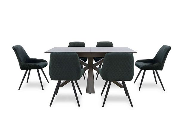 Saigon Extending Table with Wooden Base and 6 Green Velvet Dining Chairs   Forest