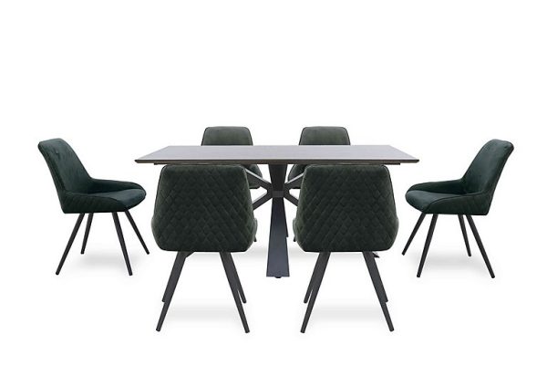 Saigon Fixed Table with Metal Base and 6 Green Velvet Dining Chairs   Forest