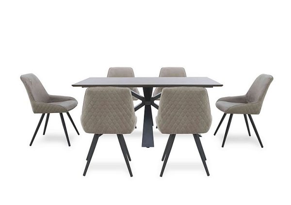 Saigon Fixed Table with Metal Base and 6 Taupe Velvet Dining Chairs   Taupe