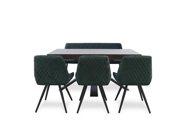 Saigon Extending Table with Metal Base and 3 Green Velvet Dining Chairs and Dining Bench