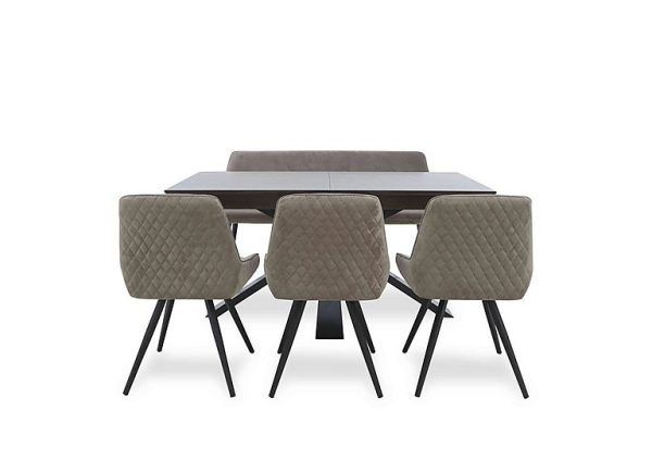 Saigon Extending Table with Metal Base and 3 Taupe Velvet Dining Chairs and Dining Bench