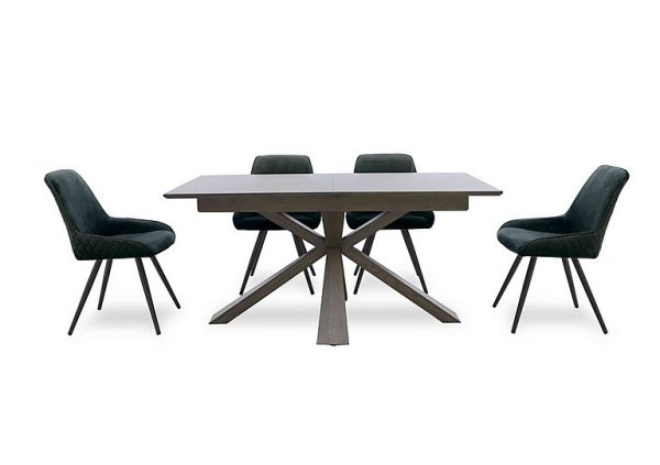 Saigon Extending Table with Wooden Base and 4 Green Velvet Dining Chairs   Forest