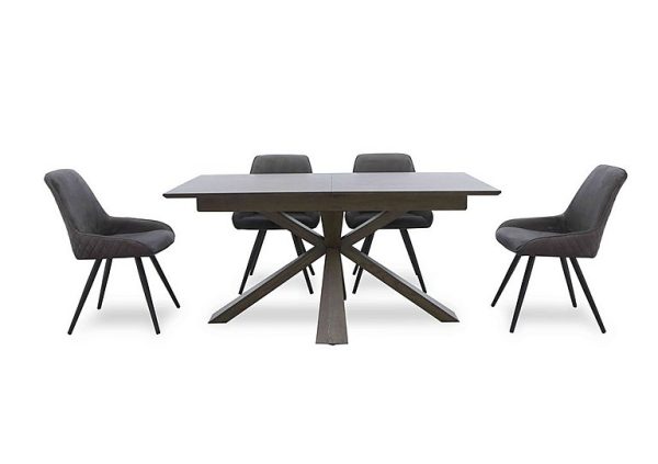 Saigon Extending Table with Wooden Base and 4 Velvet Dining Chairs   Granite