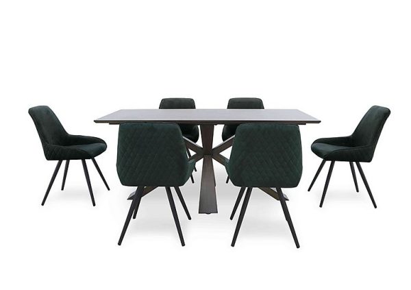 Saigon Fixed Table with Wooden Base and 6 Green Velvet Dining Chairs   Forest