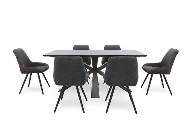 Saigon Fixed Table with Wooden Base and 6 Velvet Dining Chairs   Granite