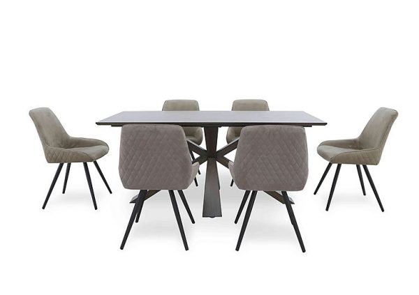 Saigon Fixed Table with Wooden Base and 6 Taupe Velvet Dining Chairs   Taupe