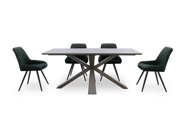 Saigon Fixed Table with Wooden Base and 4 Green Velvet Dining Chairs   Forest