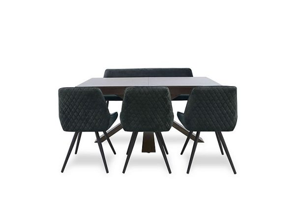 Saigon Extending Table with Wooden Base and 3 Green Velvet Dining Chairs and a Dining Bench