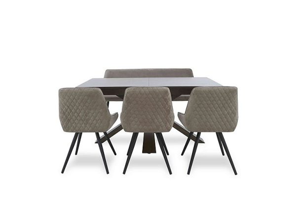 Saigon Extending Table with Wooden Base and 3 Taupe Velvet Dining Chairs and a Dining Bench