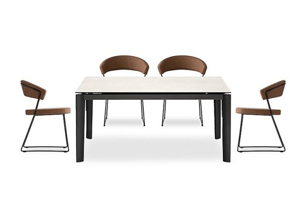 Connubia   Rosa 160cm Medium Extending Dining Table with Salt White Ceramic Top and Black Metal Legs and 4 New York Chairs   Tobacco