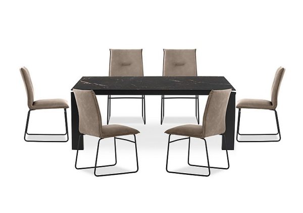 Connubia   Viola 220cm Extra Large Extending Dining Table with Calacatta Ceramic Top and Graphite Wooden Legs and 6 Maya Chairs   Desert