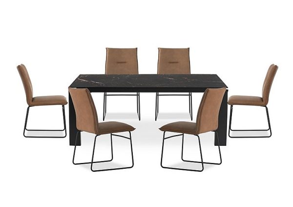 Connubia   Viola 220cm Extra Large Extending Dining Table with Calacatta Ceramic Top and Graphite Wooden Legs and 6 Maya Chairs   Tobacco