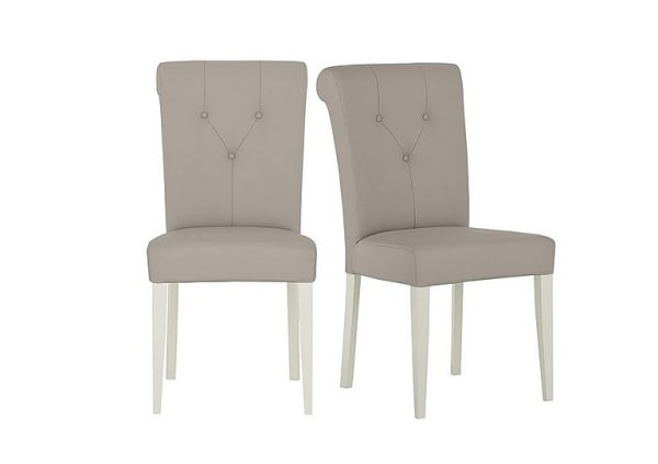 Furnitureland   Annecy Pair of Upholstered Faux NC Leather Roll Back Dining Chairs   Soft Grey