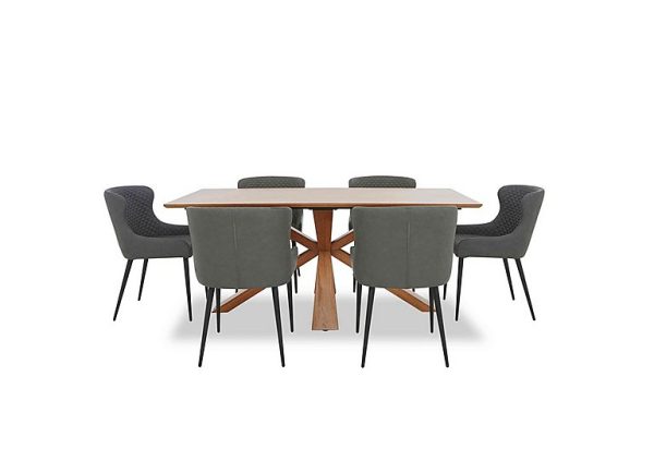 Hanoi Fixed Table with Wooden Base and 6 Faux Leather Dining Chairs   Slate Grey