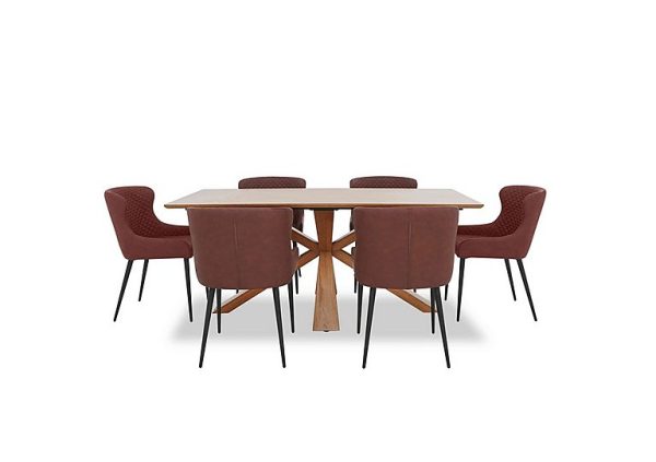 Hanoi Fixed Table with Wooden Base and 6 Faux Leather Dining Chairs