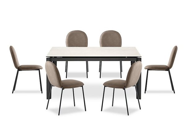 Connubia   Rosa 160cm Medium Extending Dining Table with Salt White Ceramic Top and Black Metal Legs and 6 Riley Chairs   Desert