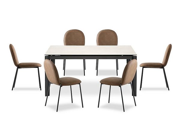 Connubia   Rosa 160cm Medium Extending Dining Table with Salt White Ceramic Top and Black Metal Legs and 6 Riley Chairs   Tobacco