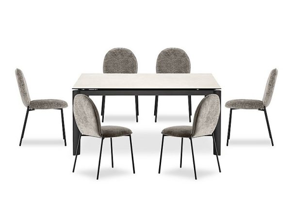 Connubia   Rosa 160cm Medium Extending Dining Table with Salt White Ceramic Top and Black Metal Legs and 6 Riley Chairs