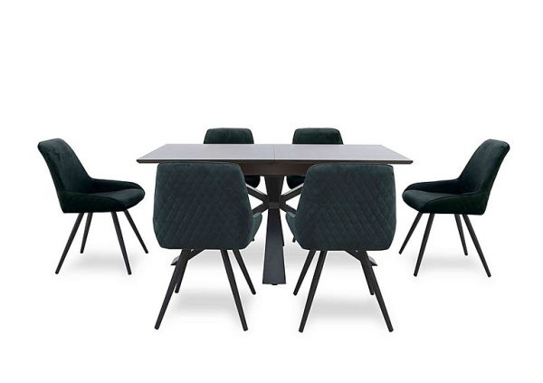 Saigon Extending Table with Metal Base and 6 Green Velvet Dining Chairs   Forest