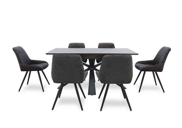 Saigon Extending Table with Metal Base and 6 Velvet Dining Chairs   Granite