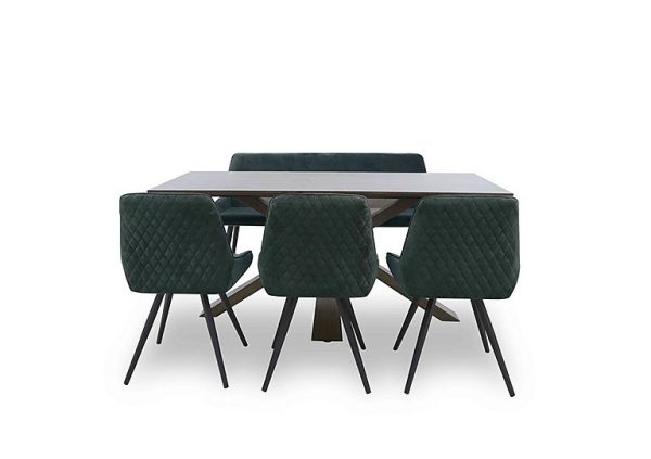 Saigon Fixed Table with Wooden Base and 3 Green Velvet Dining Chairs and a Dining Bench