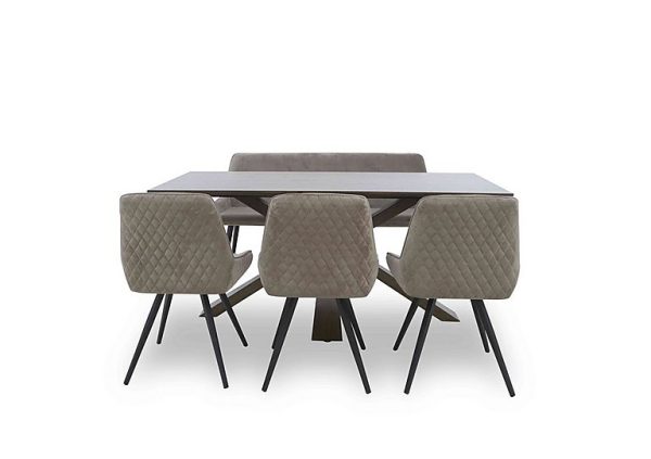 Saigon Fixed Table with Wooden Base and 3 Taupe Velvet Dining Chairs and a Dining Bench