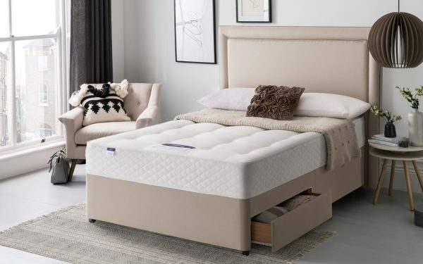 Silentnight Ortho Dream Star Miracoil Divan Bed Set Double Half Ottoman + 2 Drawers Matching Castello Headboard Sandstone