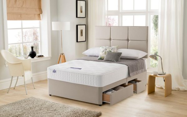 Silentnight Essentials Memory Mirapocket 1000 Divan Bed Set Double 2 Drawers No Headboard Required Sandstone